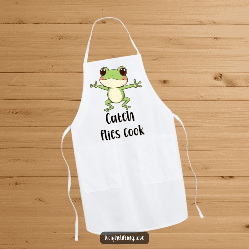 Funny focused frog apron, character doing yoga stretches with long legs, humorous kitchen accessory for calm cooks.