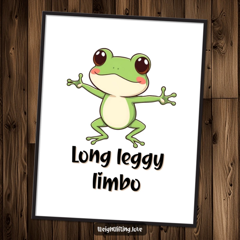 Funny focused frog digital art print, character doing yoga stretches with long legs, instant humorous decor.