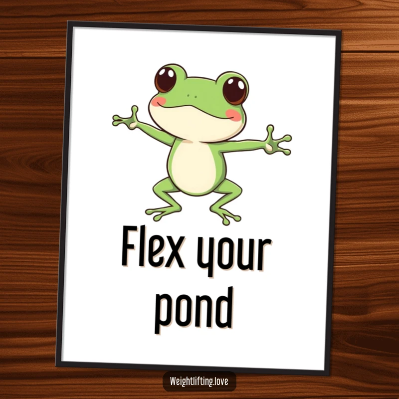 Funny focused frog poster, character doing yoga stretches with long legs, serene and humorous wall art.