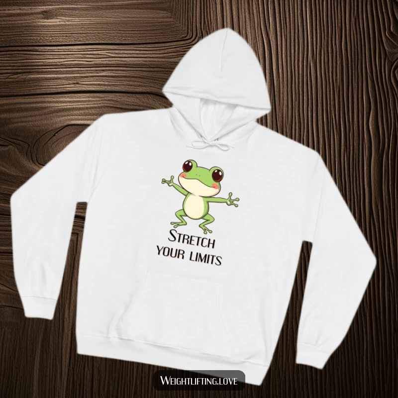 Funny focused frog hoodie, character doing yoga stretches with long legs, cozy and humorous.