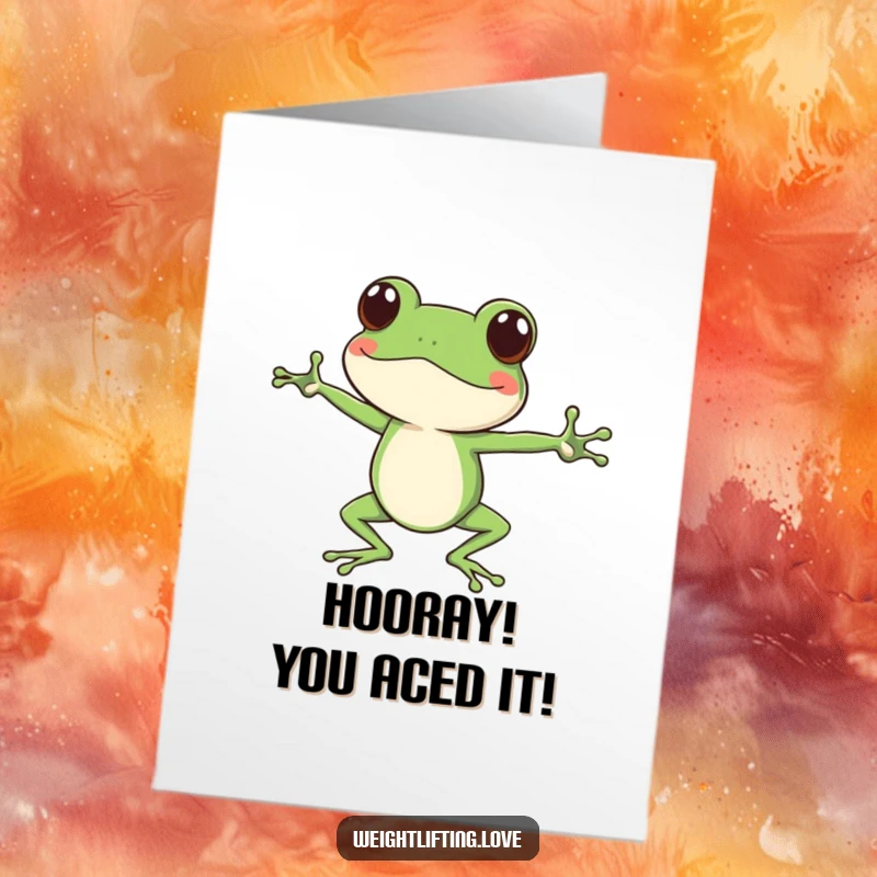 Funny Free Printable Congratulations Card: Focused frog in a wide leg split stretch, conveying flexibility and accomplishment.