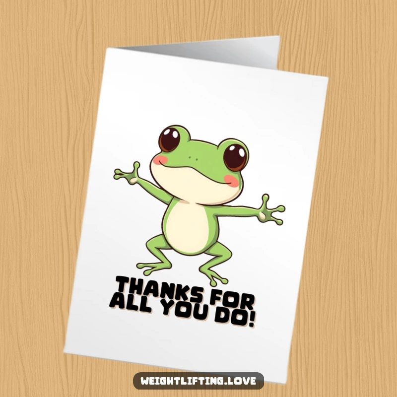 Funny Free Printable Thank You Card: A smiling frog in a full leg stretch, offering thanks with a flexible pose.