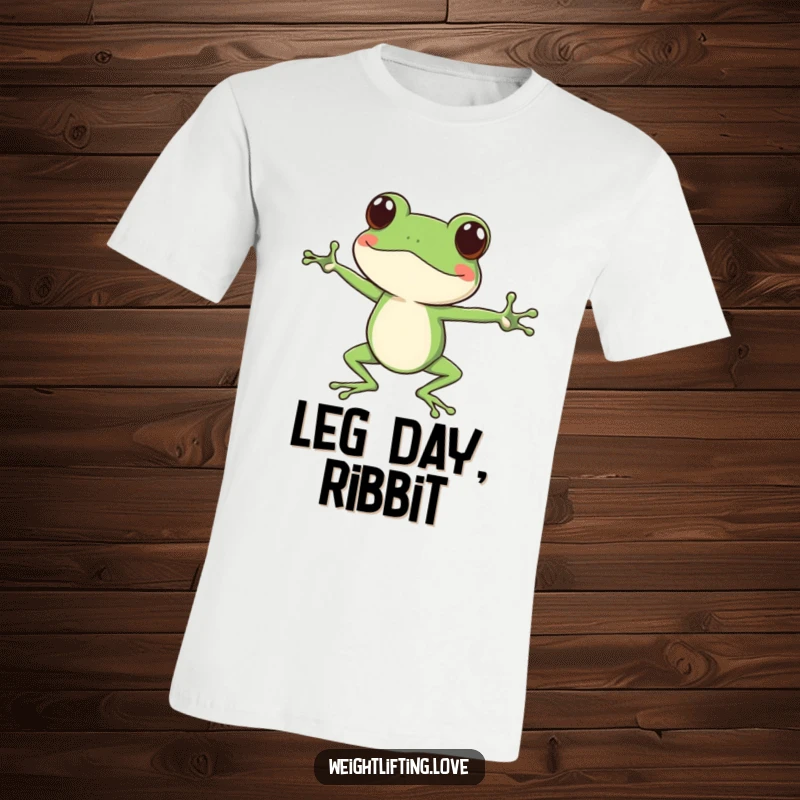Funny focused frog t-shirt, character doing yoga stretches with long legs, humorous and comfortable apparel.